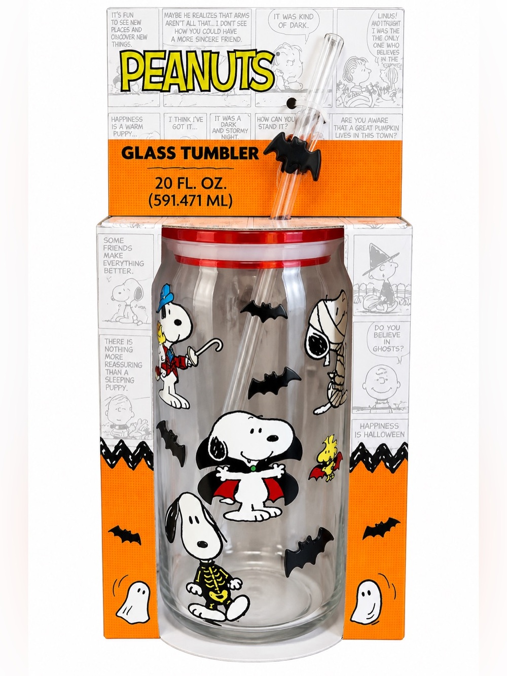 Peanuts Snoopy Halloween Glass Tumbler 20oz Bat Straw NIB